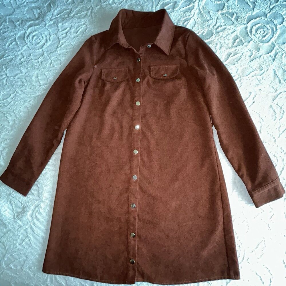 SHEIN Brown Corduroy Button Shirt Dress Long Sleeve Size M (Belt not included)